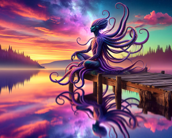 Surreal Twilight Scene with Octopus Figure on Pier