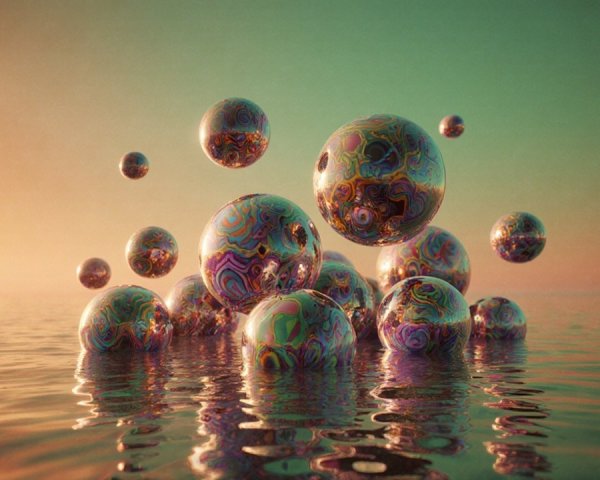 Serene Water Reflection with Colorful Spheres