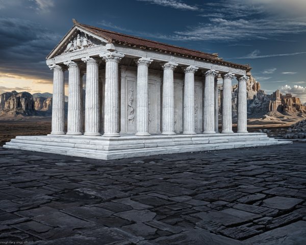Ancient Greek Temple with Classic Columns and Landscape