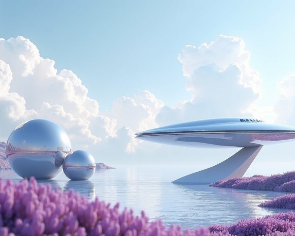Futuristic Landscape with Metallic Spheres and Spacecraft