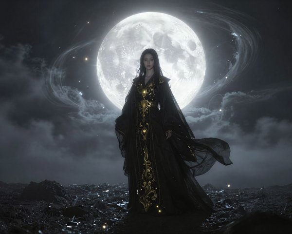 Young woman in elegant gown under full moonlit sky