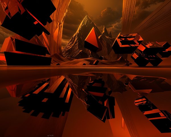 Surreal Landscape with Geometric Shapes and Mountains