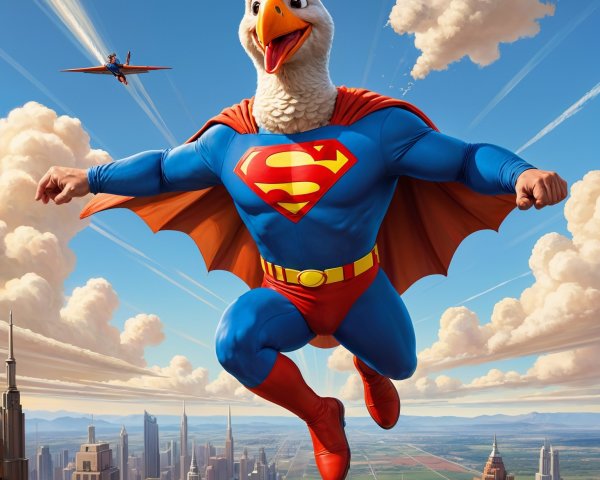 Cartoon Superhero Duck Flying Over City Skyline