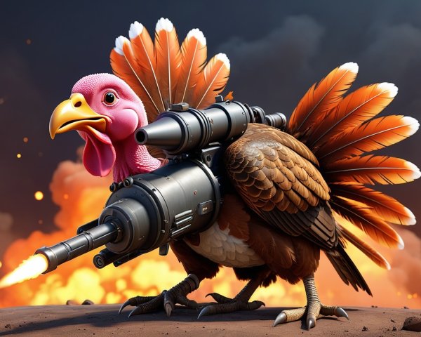 Cartoon Turkey with Missile Backpack in Explosive Scene