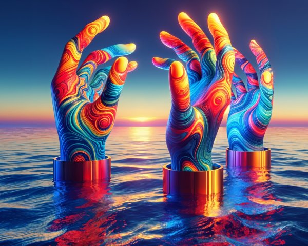 Abstract Hands Reaching Toward a Colorful Sunset