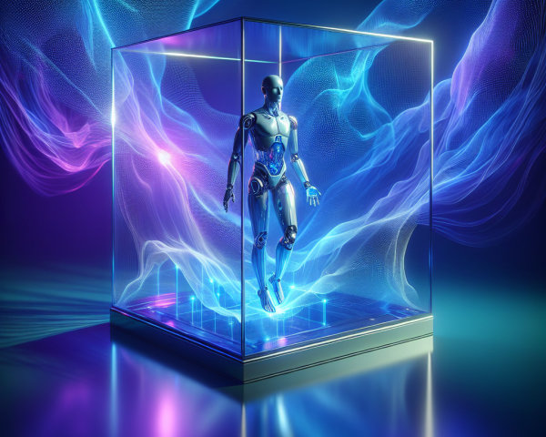 Futuristic Robot in Transparent Cube with Colorful Lights