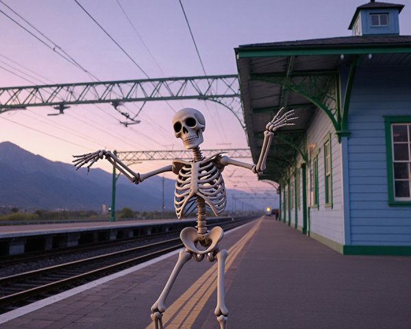 Playful Skeleton on Train Platform at Dusk