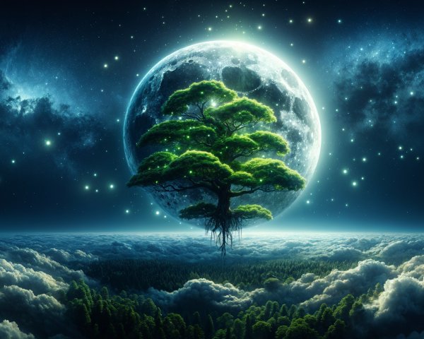 Majestic tree on clouds with full moon and stars