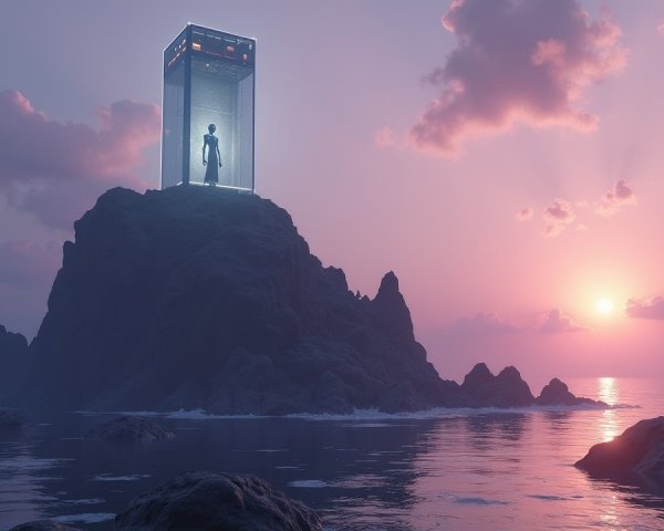 Futuristic Structure on Rugged Rock by Serene Sea