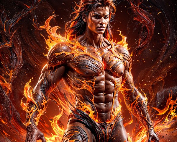 Muscular Figure Surrounded by Swirling Flames and Fire