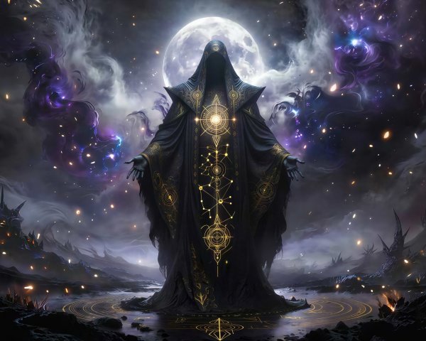 Ancient wizard in black cloak under a full moon