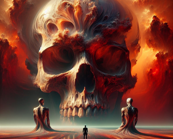 Surreal Landscape with Massive Skull and Ghostly Figures