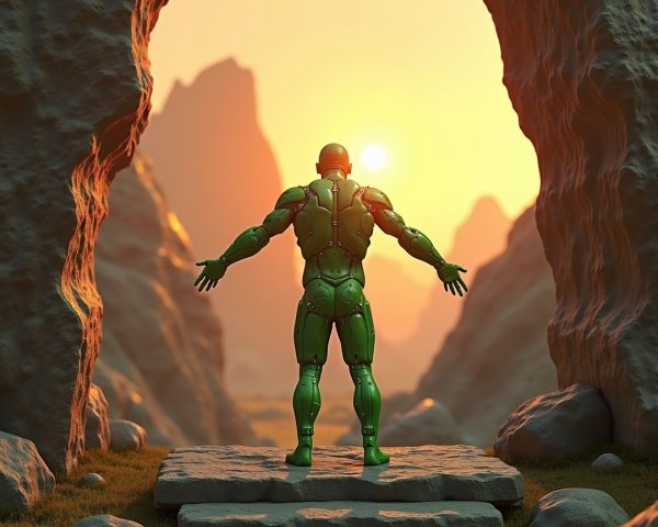 Futuristic Green Robot Against Sunset and Mountains
