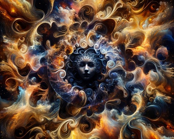 Cosmic Swirl of Colors with Central Face Design
