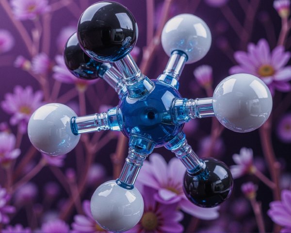 Molecular model with colorful elements and floral backdrop