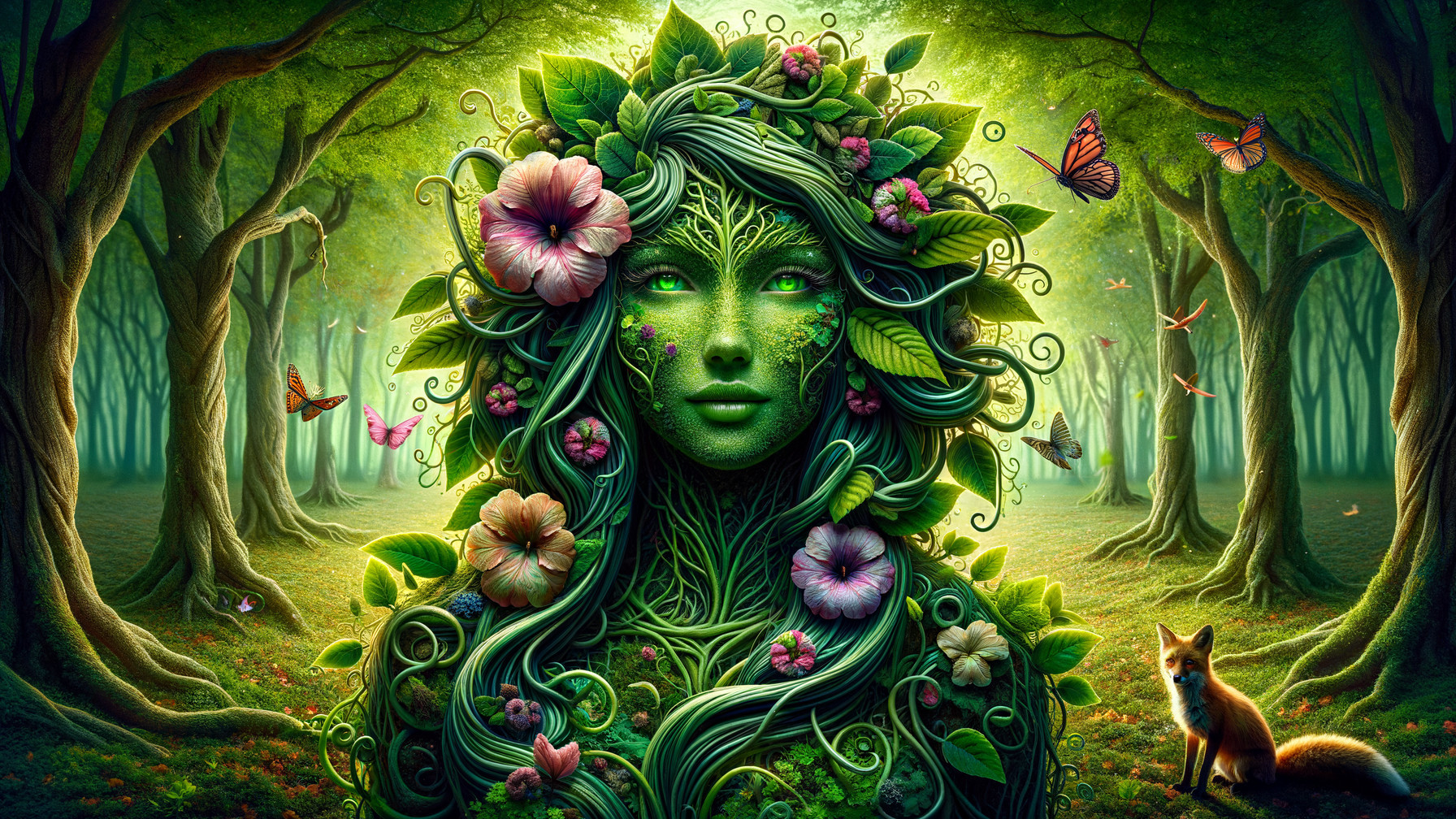 Mystical Nature Figure Surrounded by Forest Elements