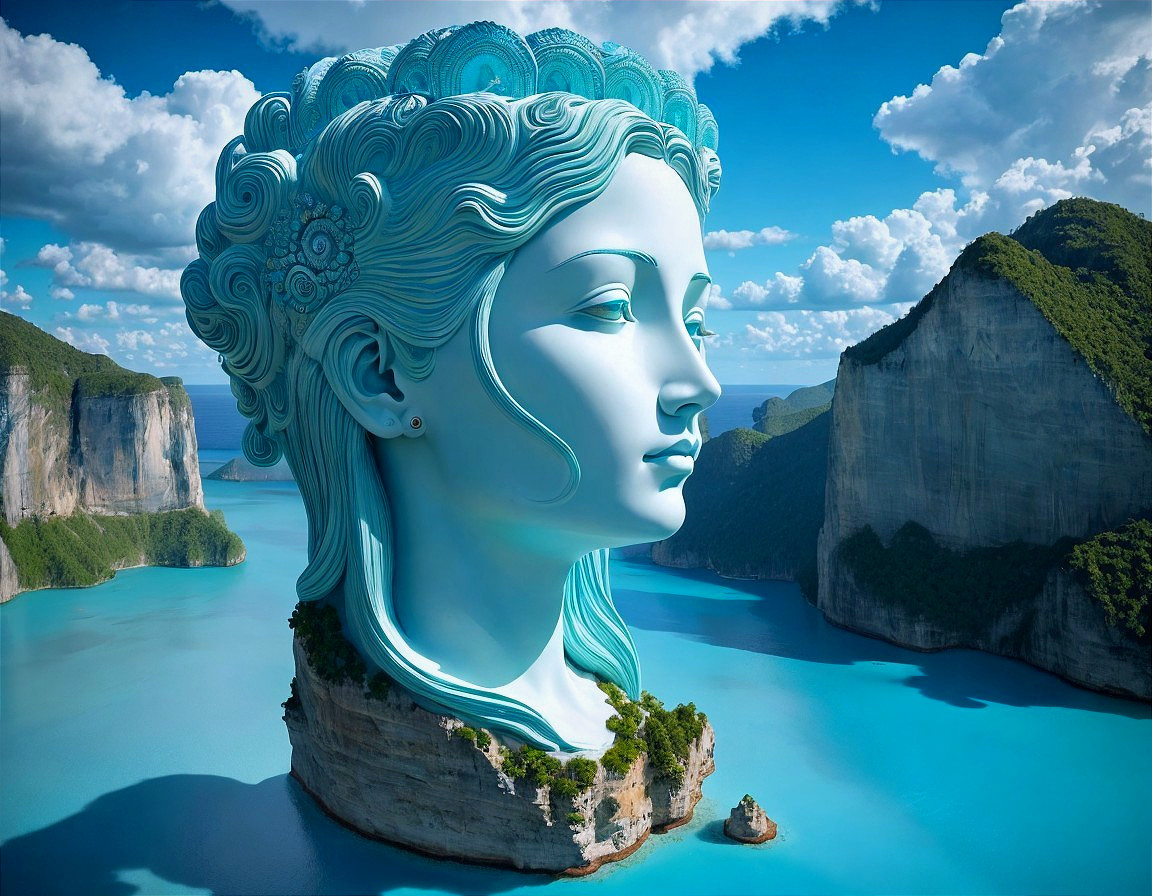 Giant Woman's Head Sculpture on Rocky Island in Turquoise Sea