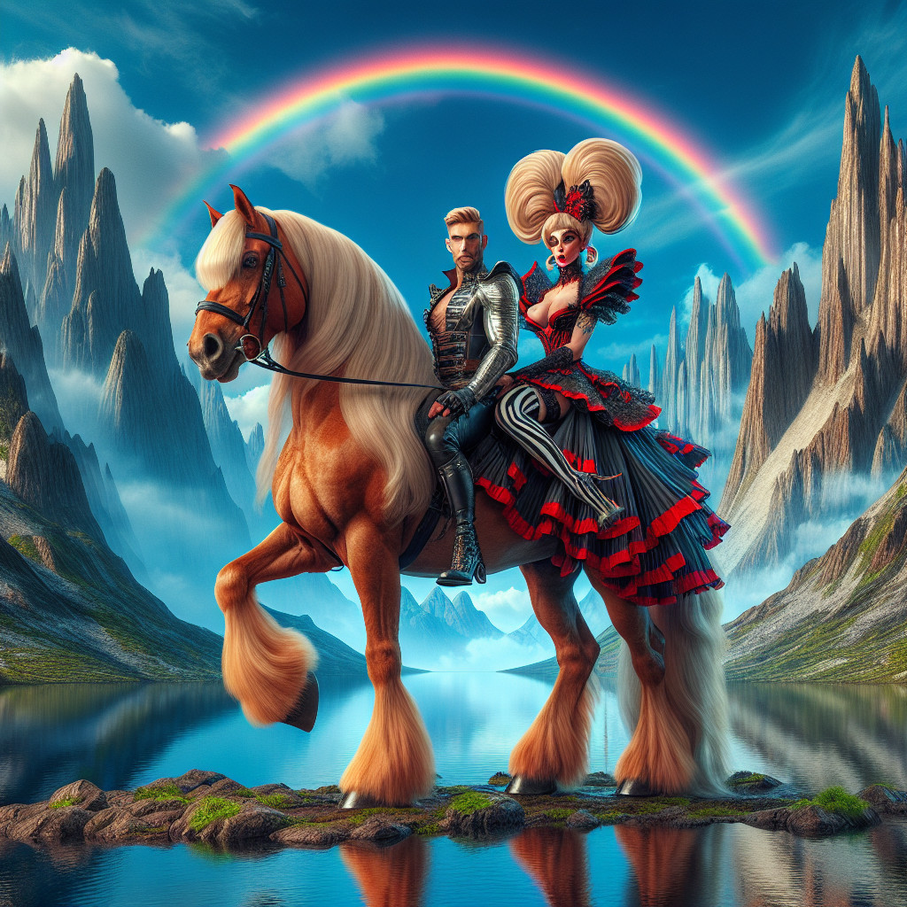 Fantasy Scene with Horse, Rainbow, and Mountains