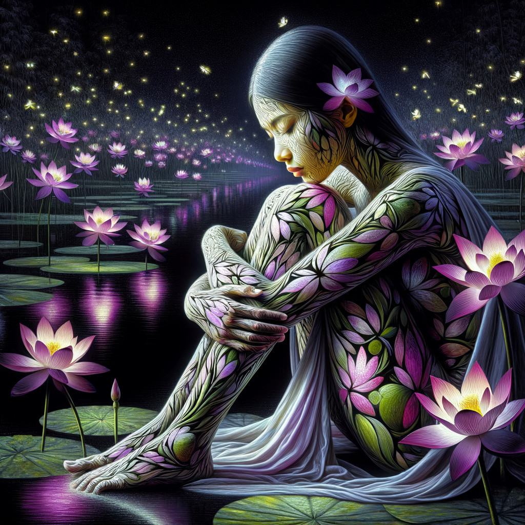 Serene figure by tranquil pond with luminous lotus flowers
