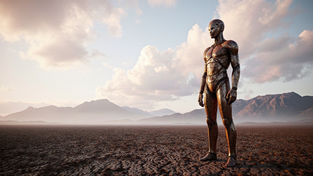 Humanoid Robot in a Barren Post-Apocalyptic Landscape