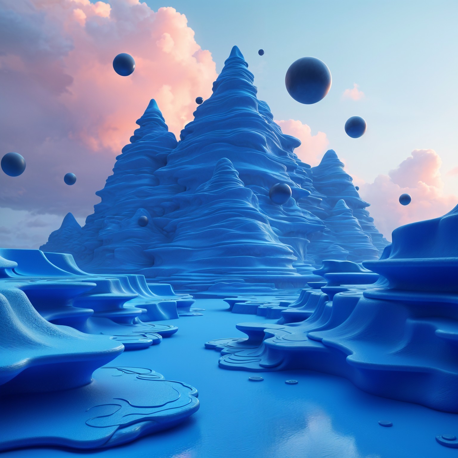 Surreal Landscape with Blue Mountains and Black Spheres