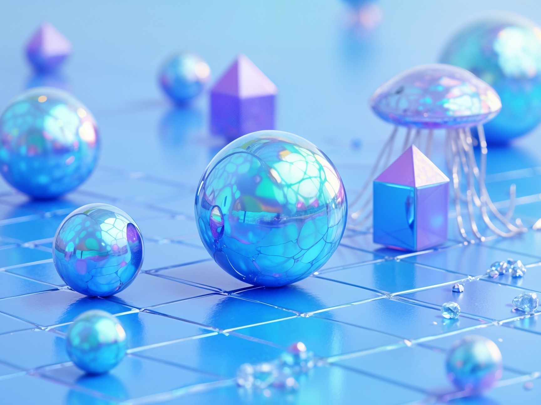 Surreal Composition of Iridescent Spheres and Shapes