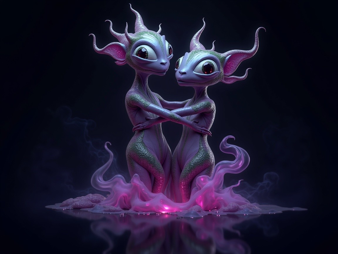 Whimsical Extraterrestrial Beings on a Glowing Platform