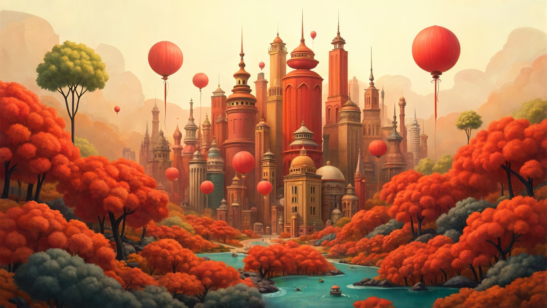 Vibrant Cityscape with Towers and Floating Balloons