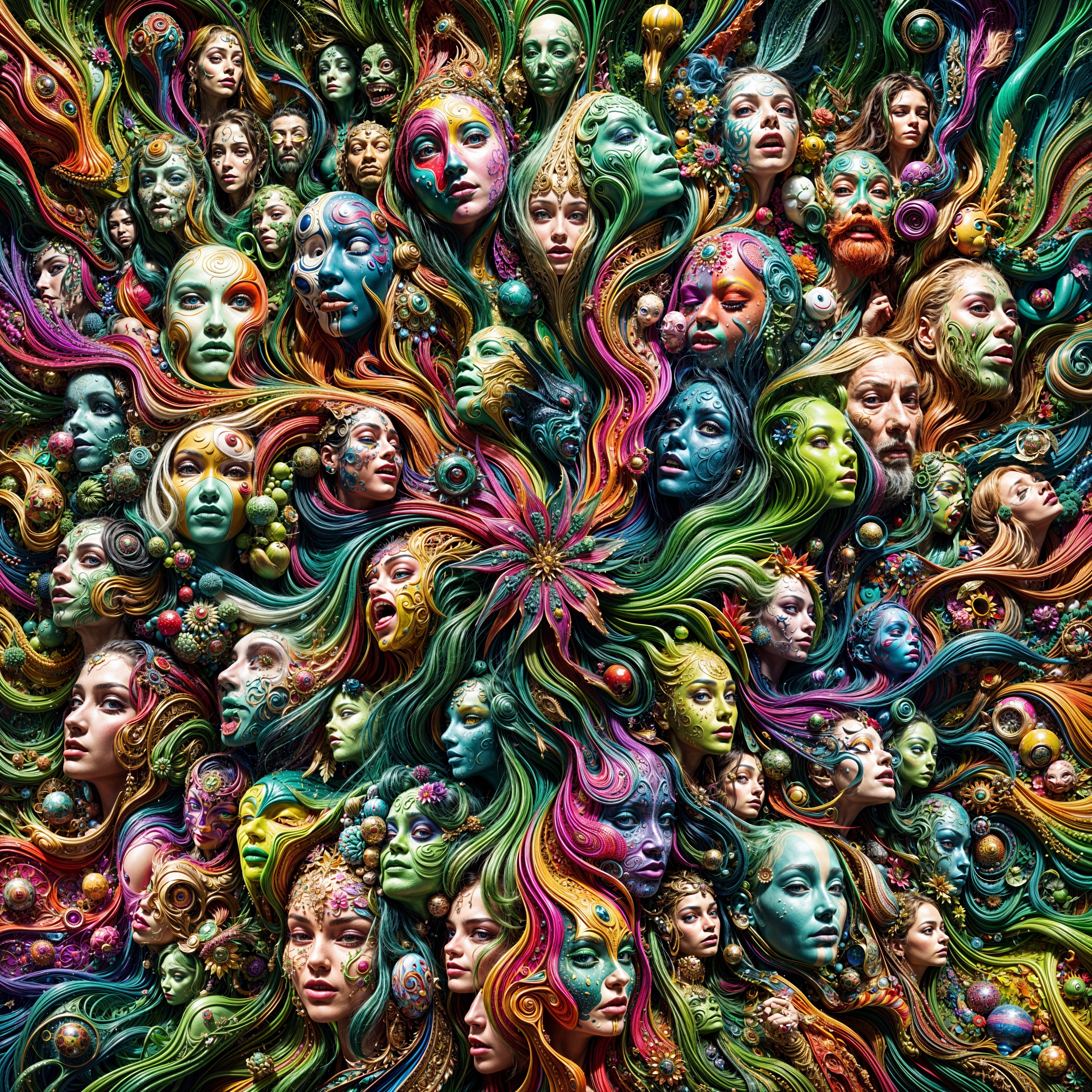 Colorful Surreal Faces in Intricate Tapestry Design