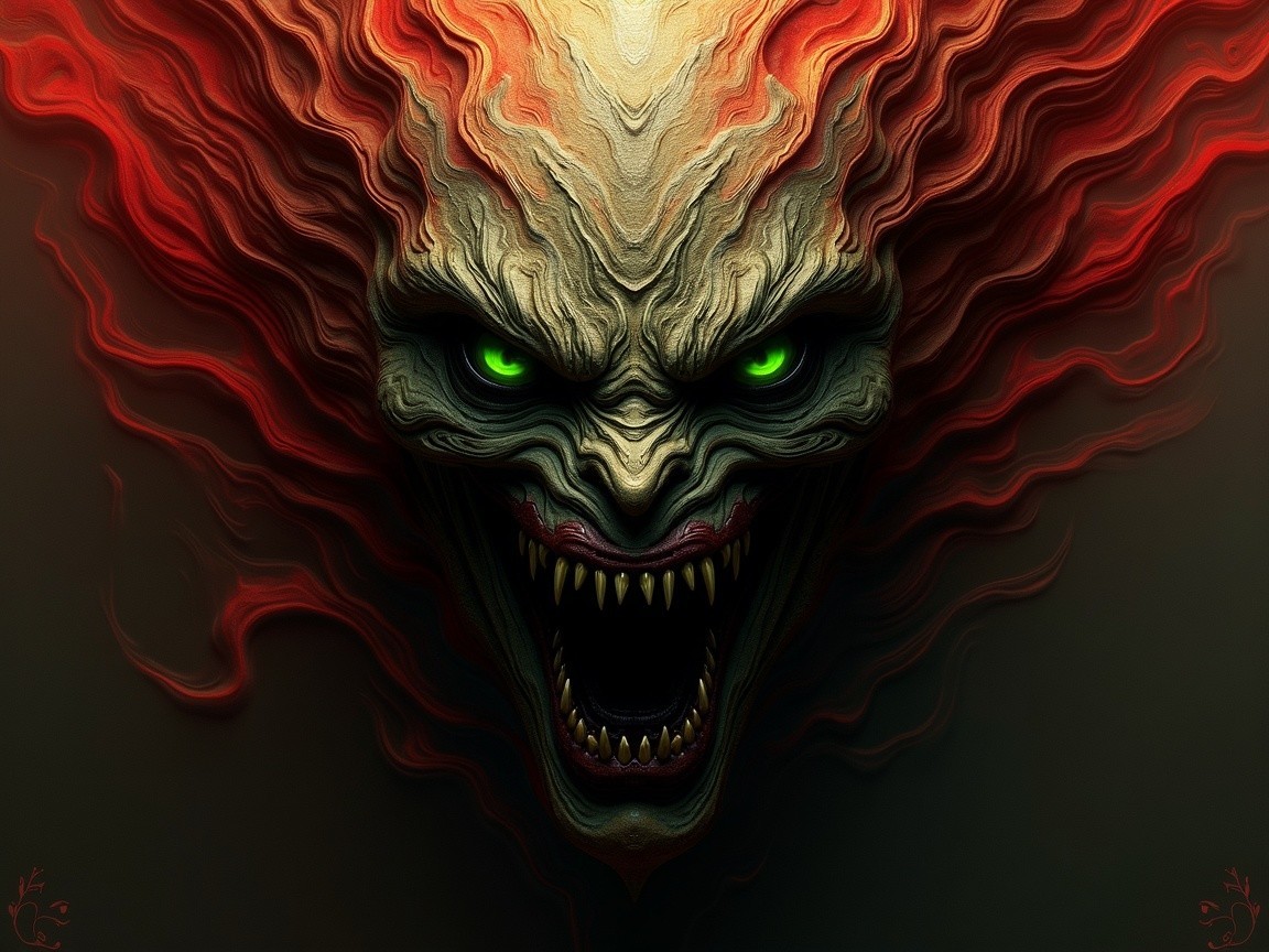 Monstrous face with glowing eyes and fiery hair
