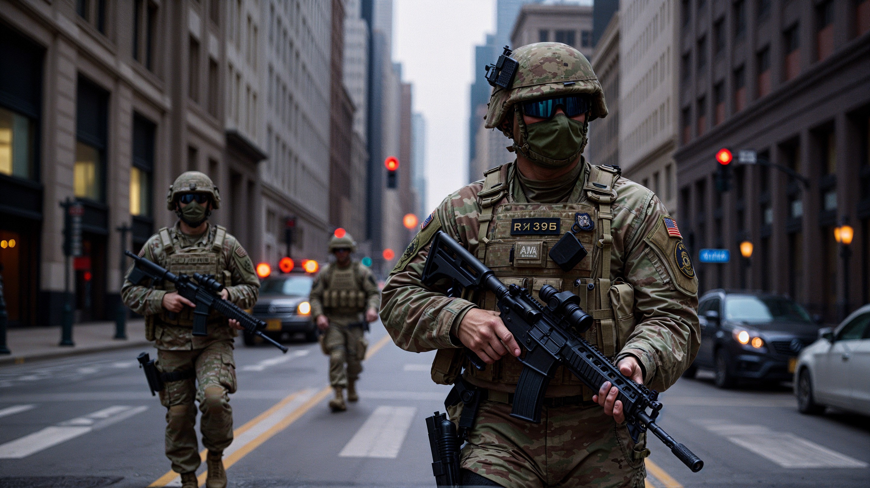 Soldiers in Tactical Gear Patrolling Urban Street