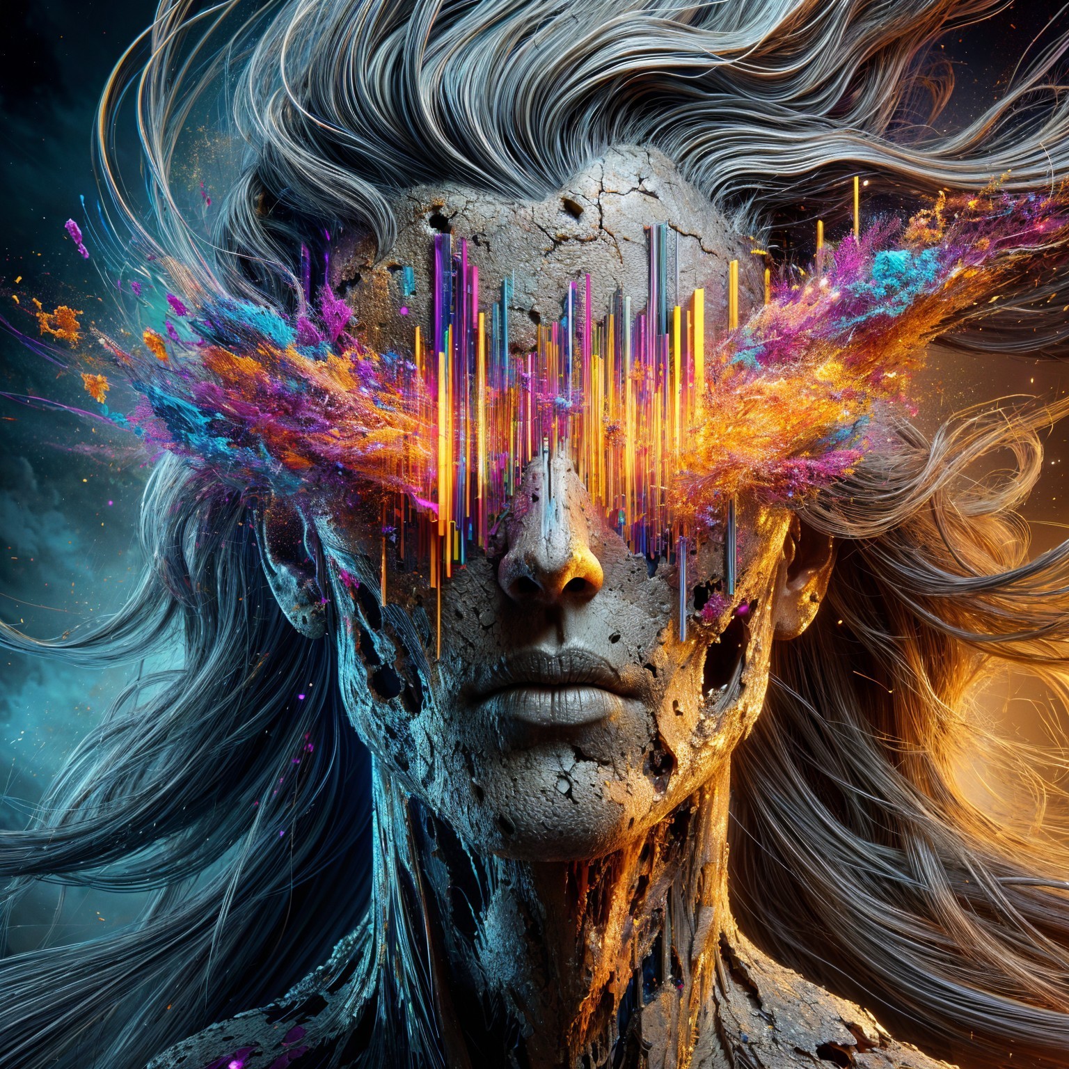 Surreal Figure with Cracked Skin and Silver Hair