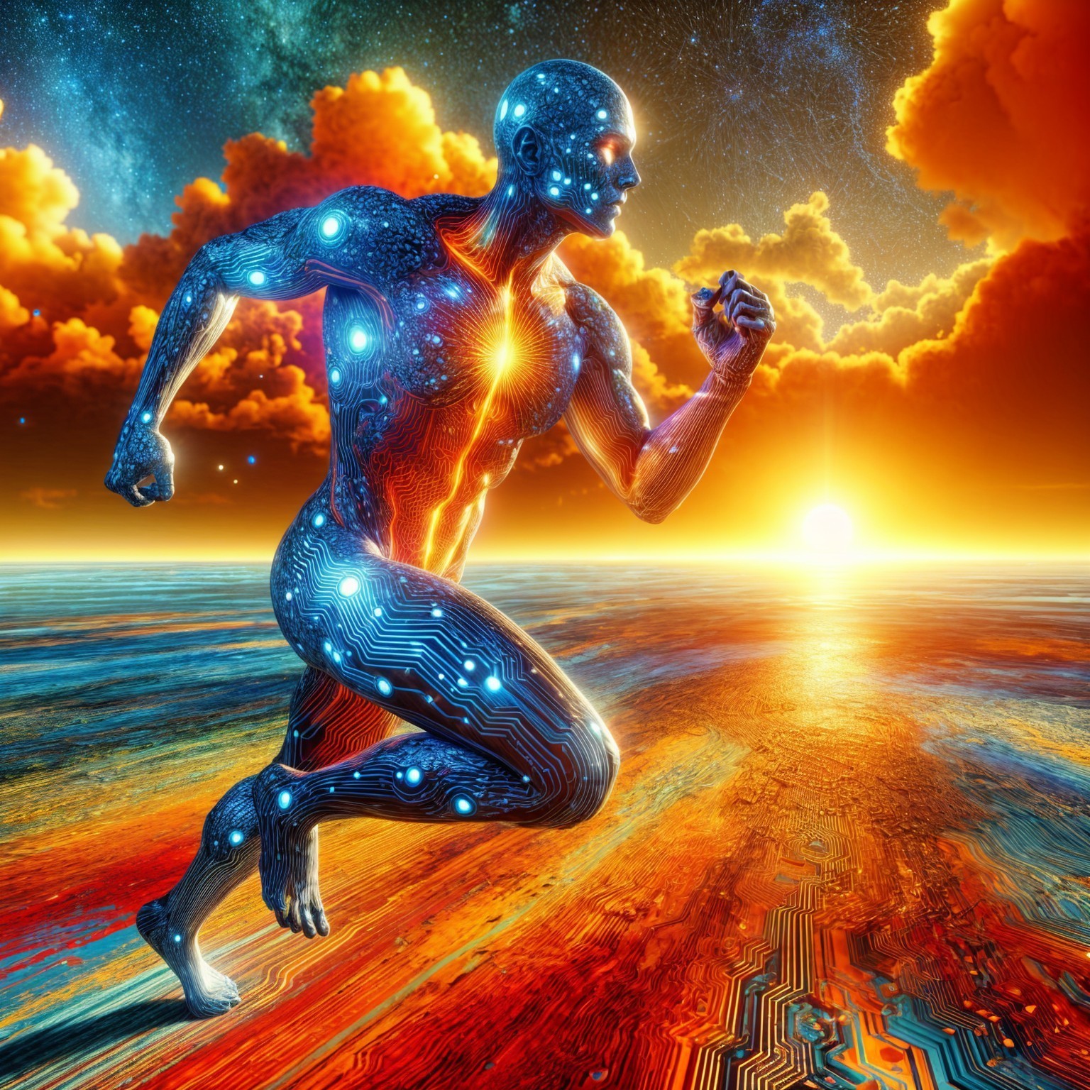 Futuristic humanoid figure in vibrant abstract landscape