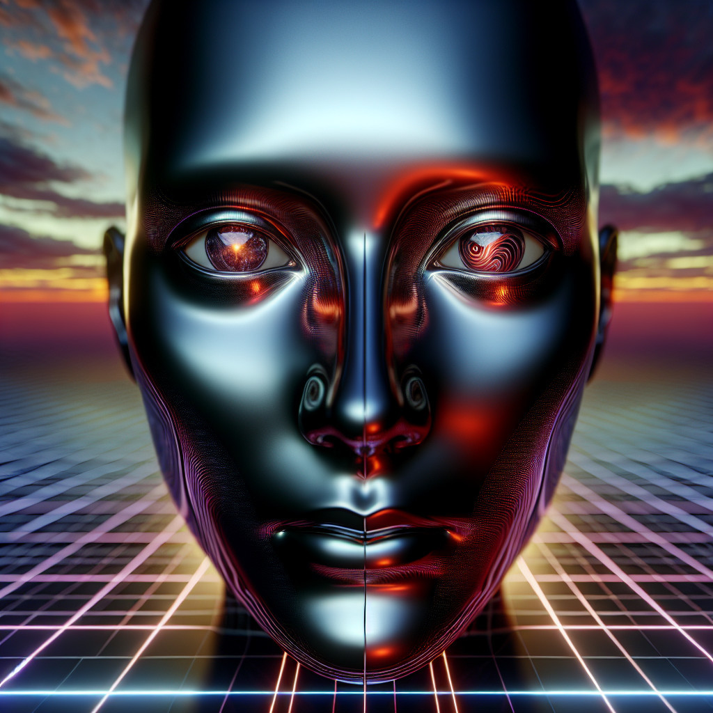 Sleek Metallic Humanoid Face Against Vibrant Sunset