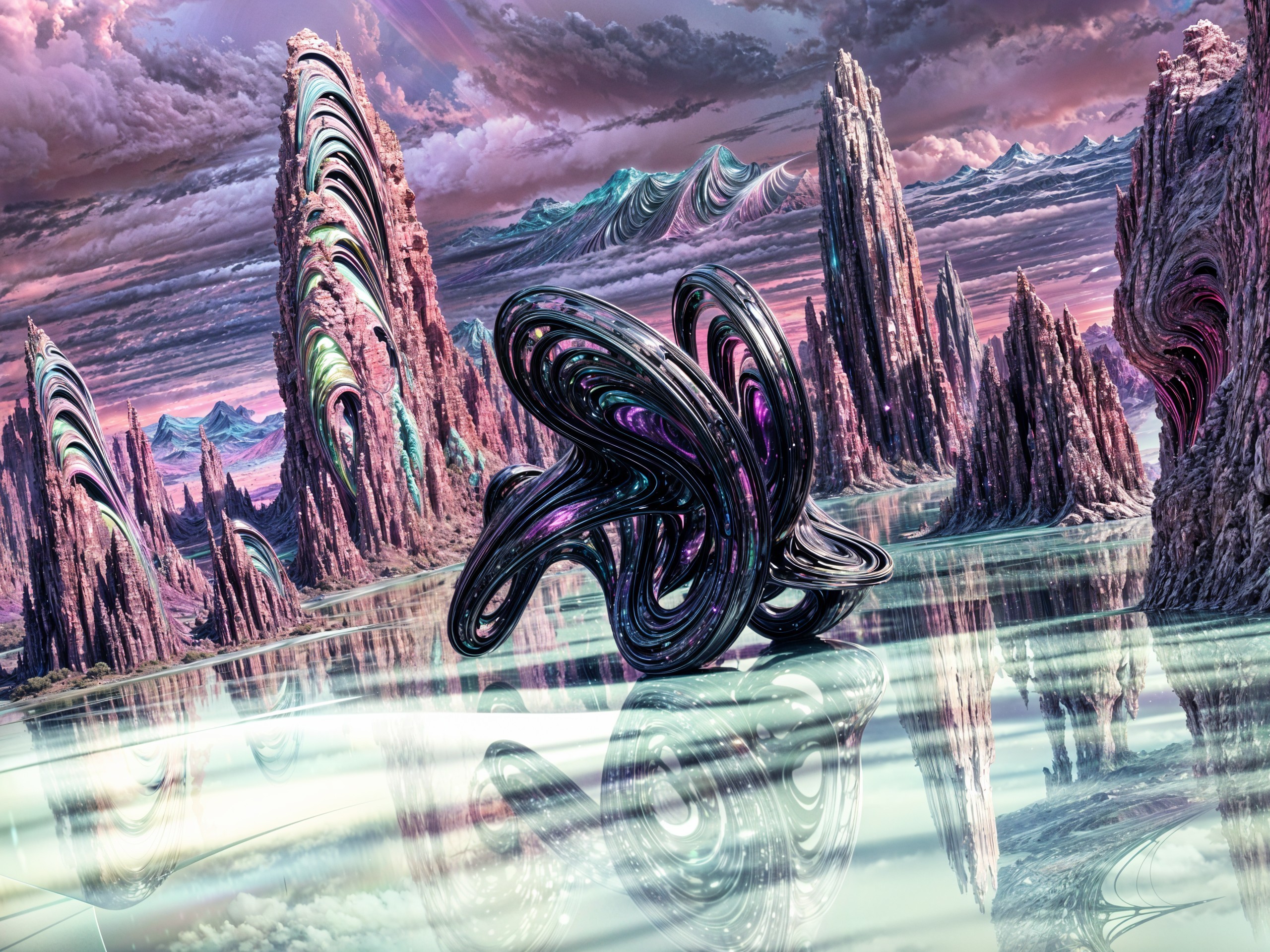 Surreal Landscape with Abstract Formations and Vibrant Skies