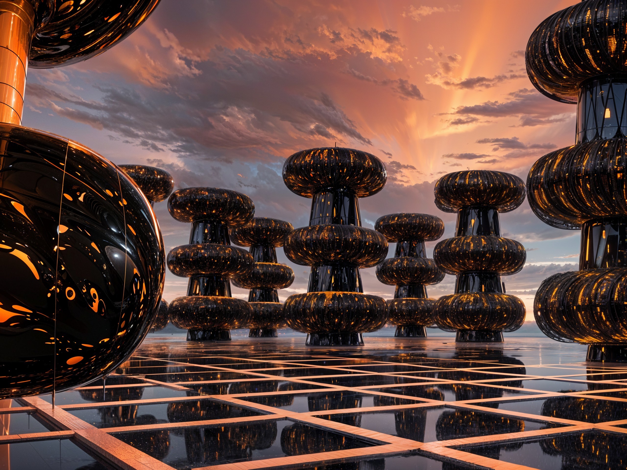 Surreal Landscape with Black and Gold Sculptures