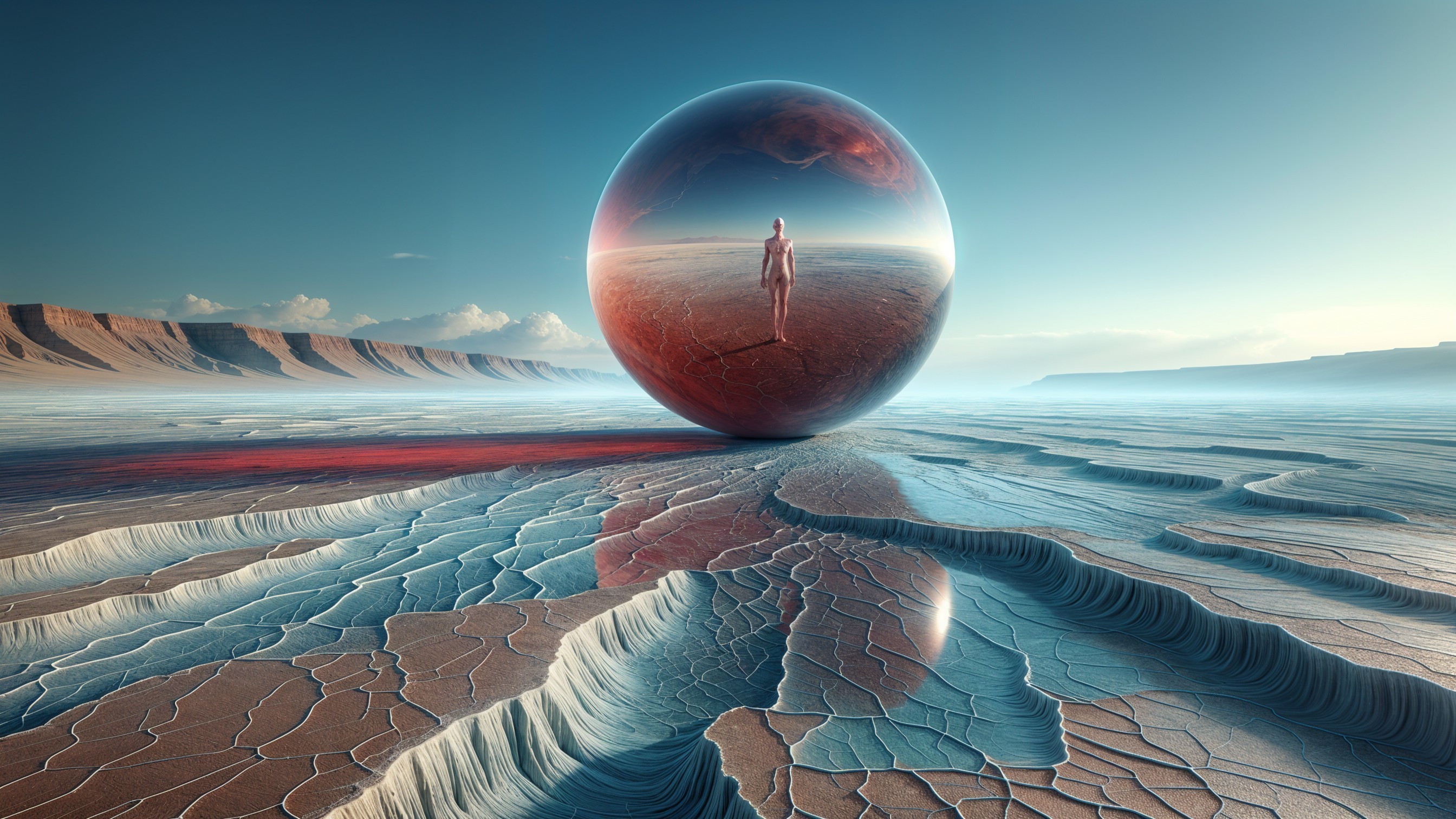 Reflective Orb in a Surreal Landscape with Solitary Figure
