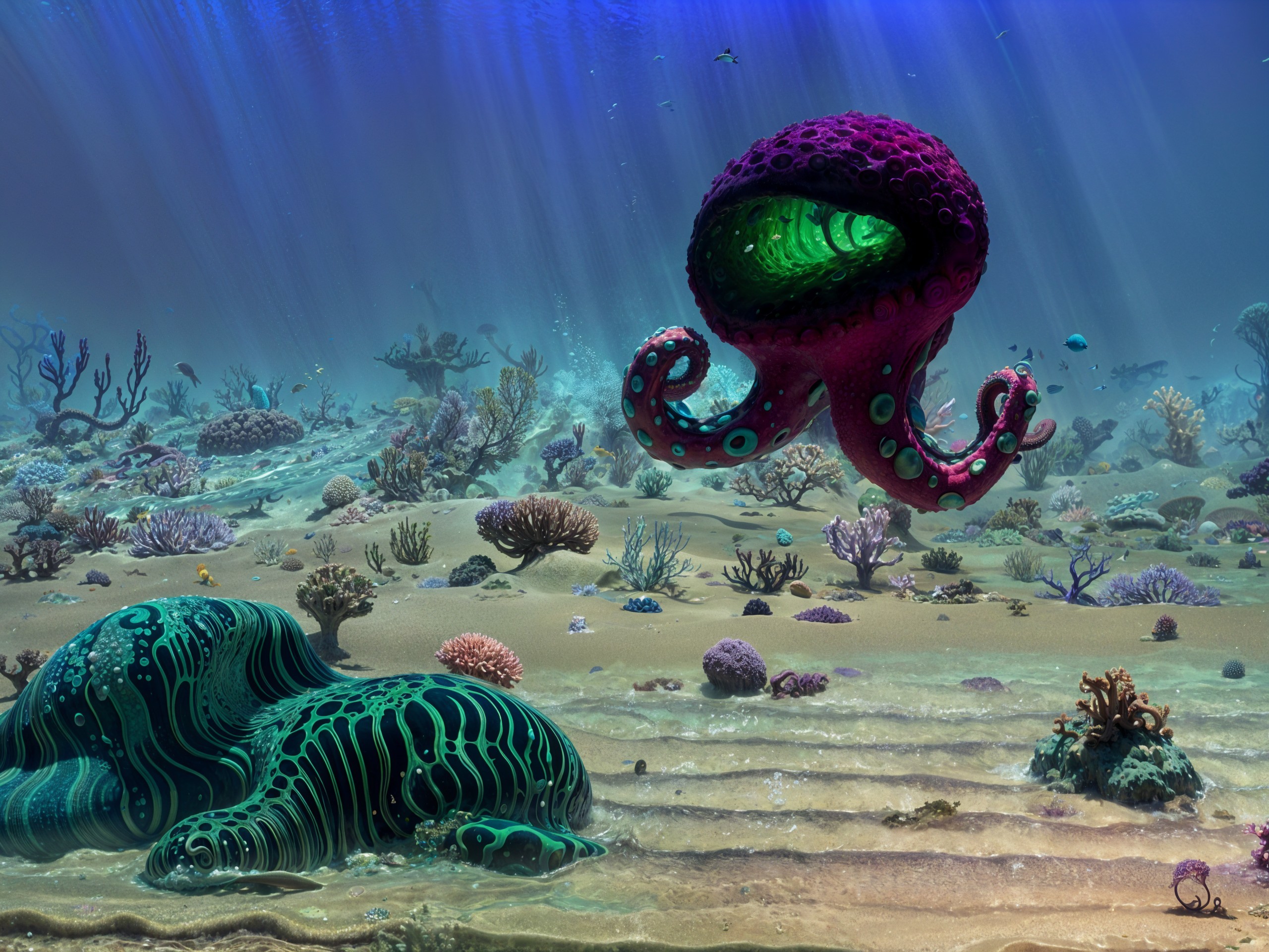 Vibrant Underwater Scene with Colorful Coral and Octopus