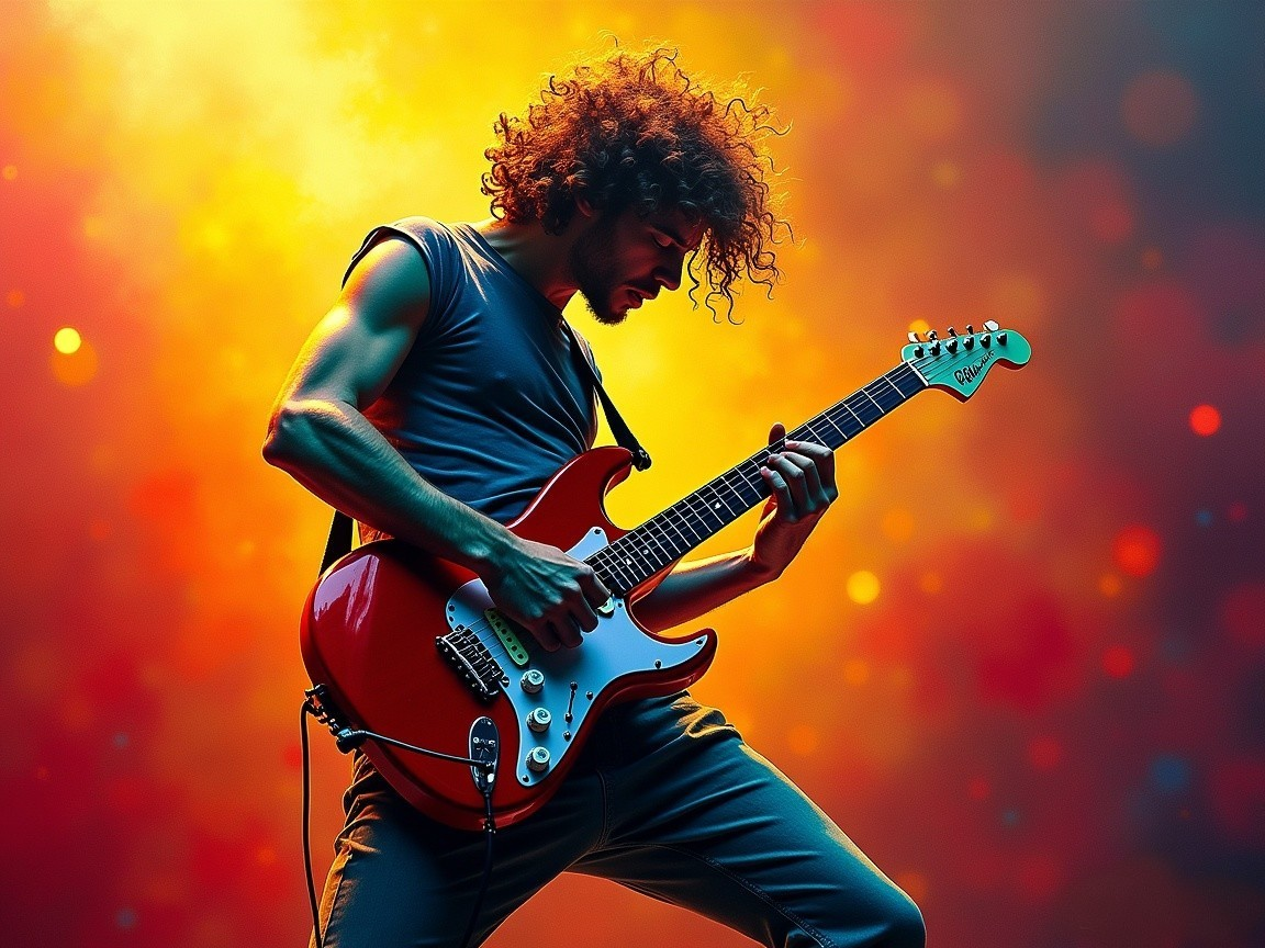 Guitarist Performing with Red Electric Guitar in Vibrant Setting