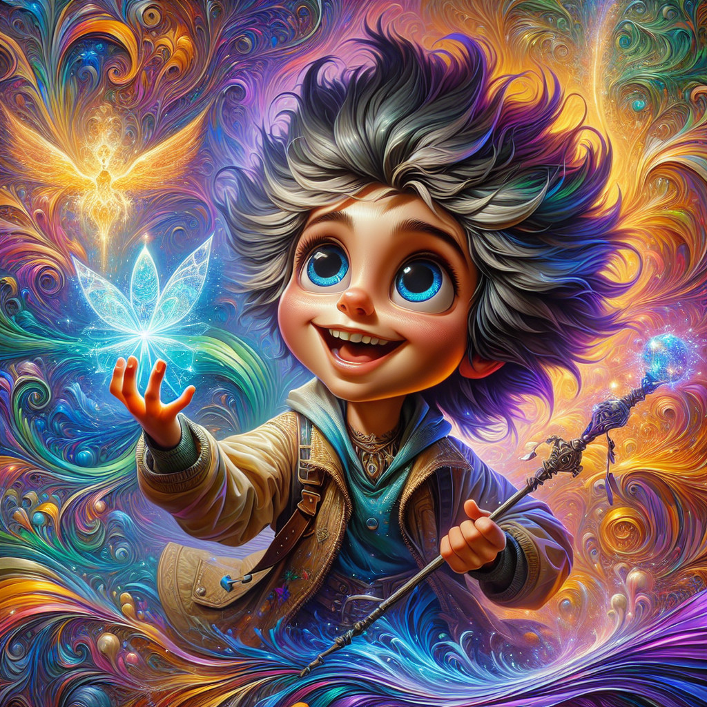 Joyful boy with butterfly and magical staff in vibrant scene