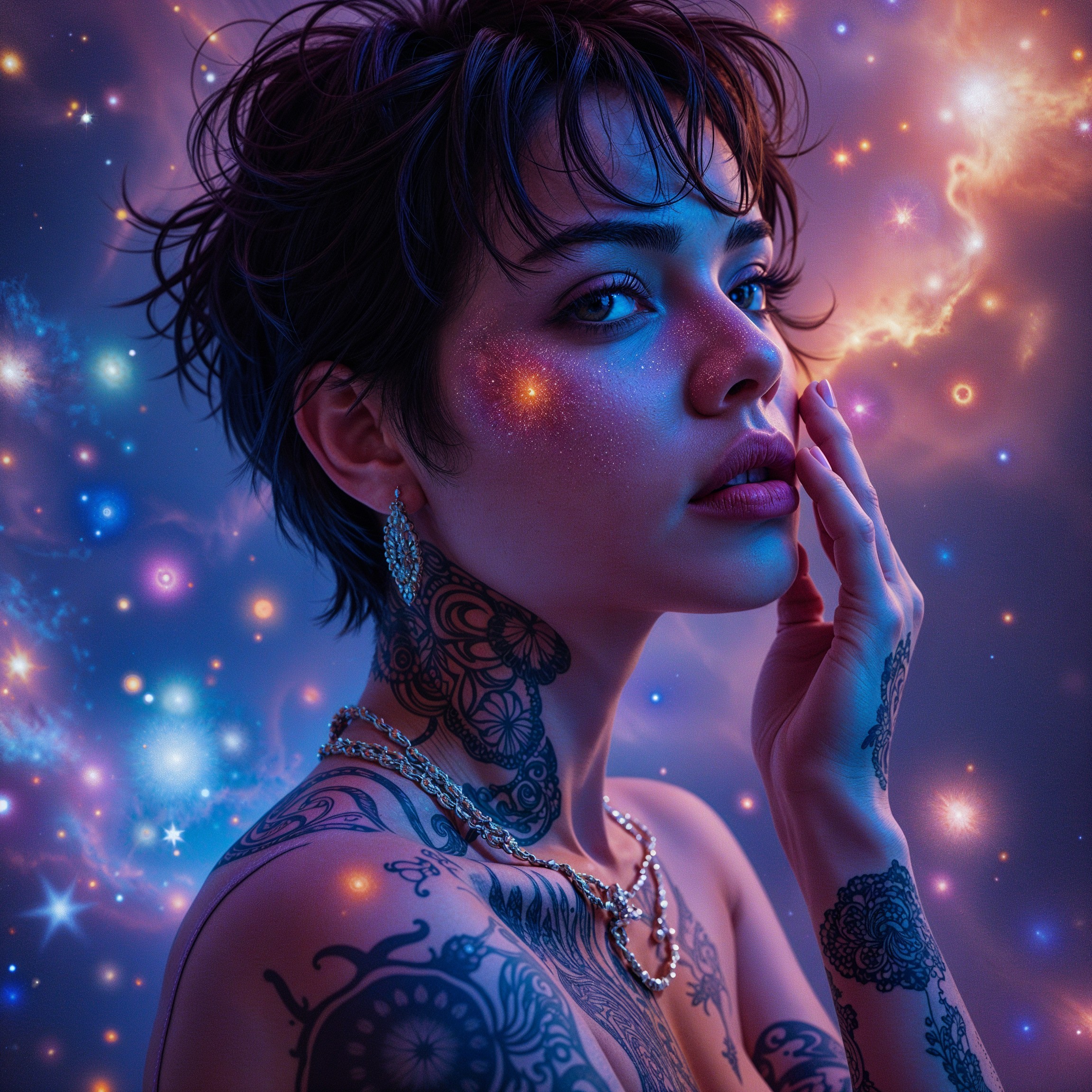 Portrait of a contemplative person with tattoos in space