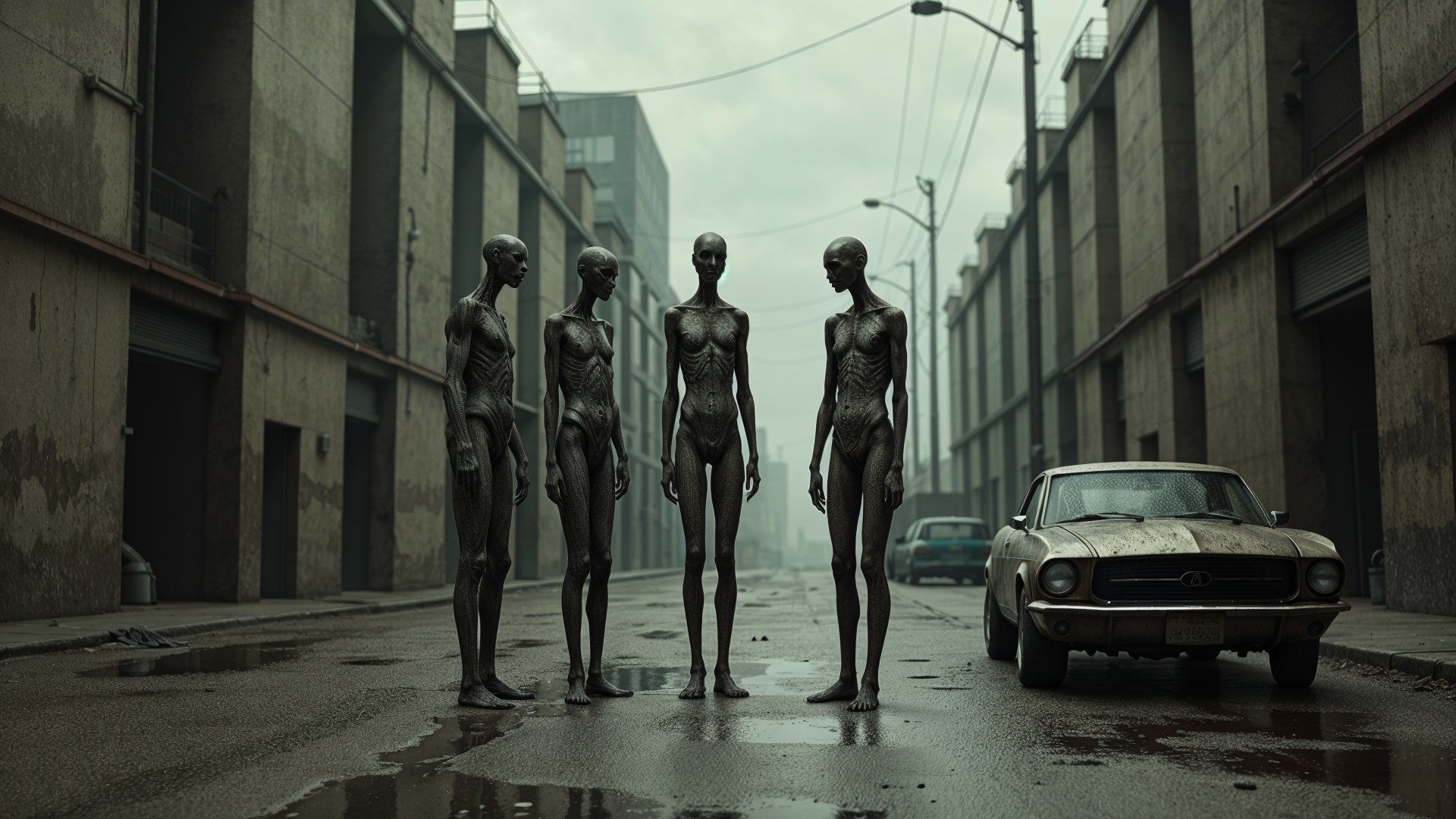 Humanoid Figures in a Dystopian Urban Landscape