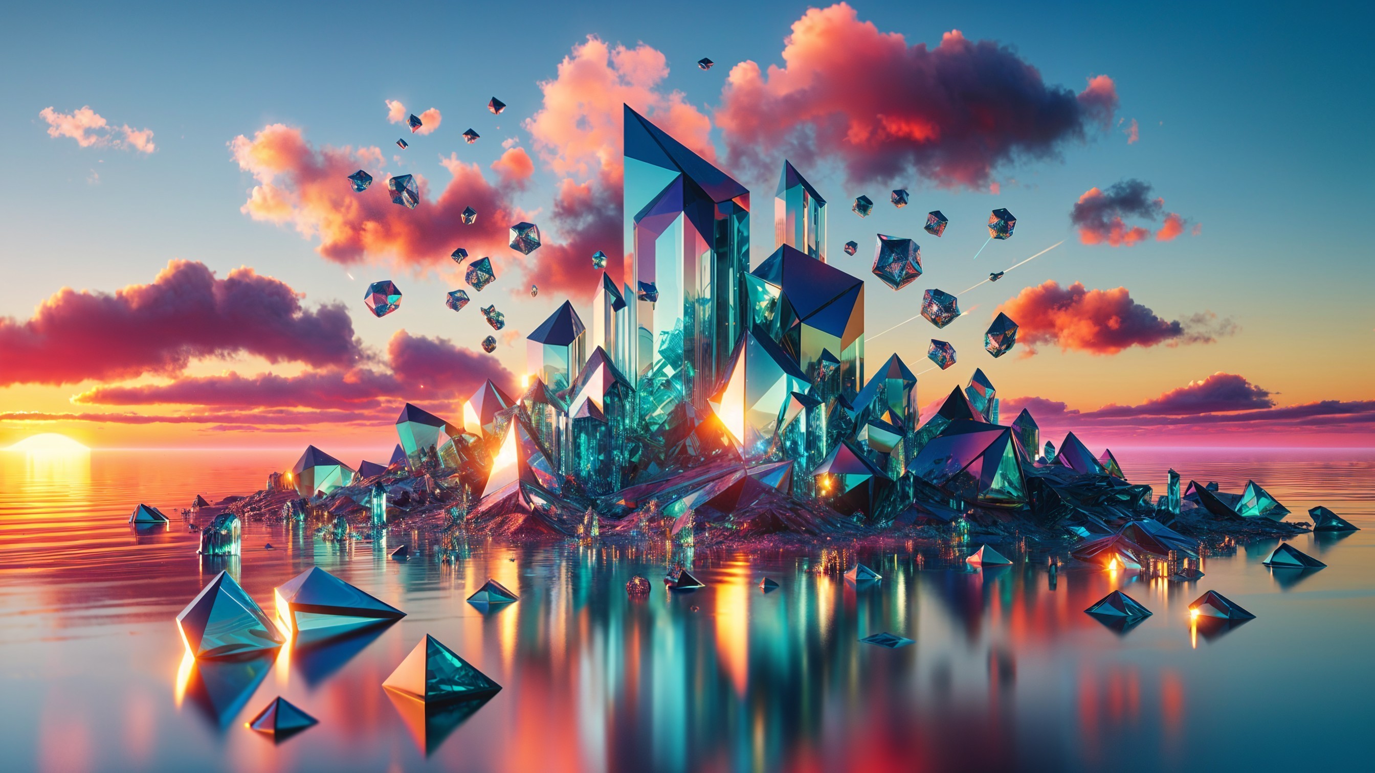 Reflective Crystals by Tranquil Water at Sunset