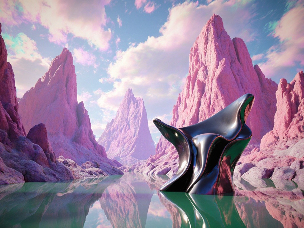 Black Chair in Surreal Landscape with Pink Mountains
