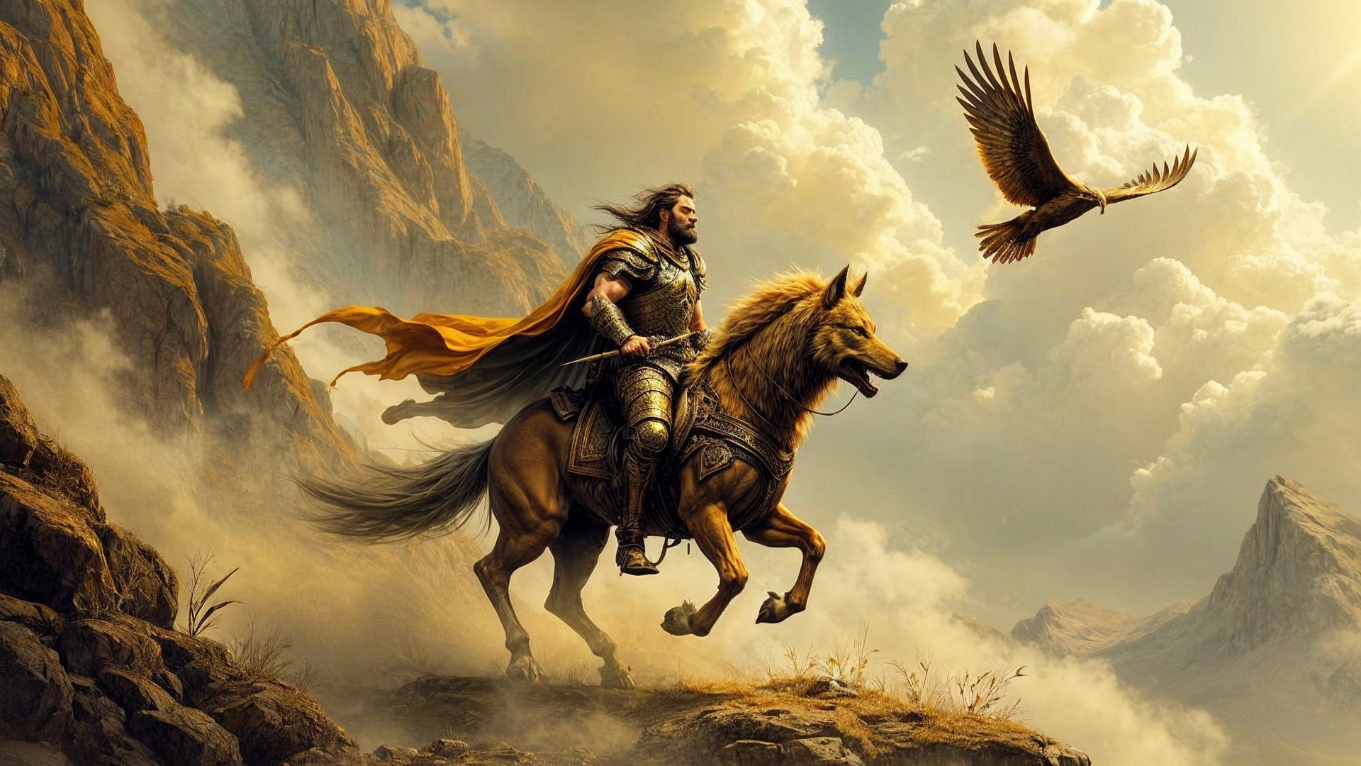 Warrior on Golden Horse in Dramatic Landscape