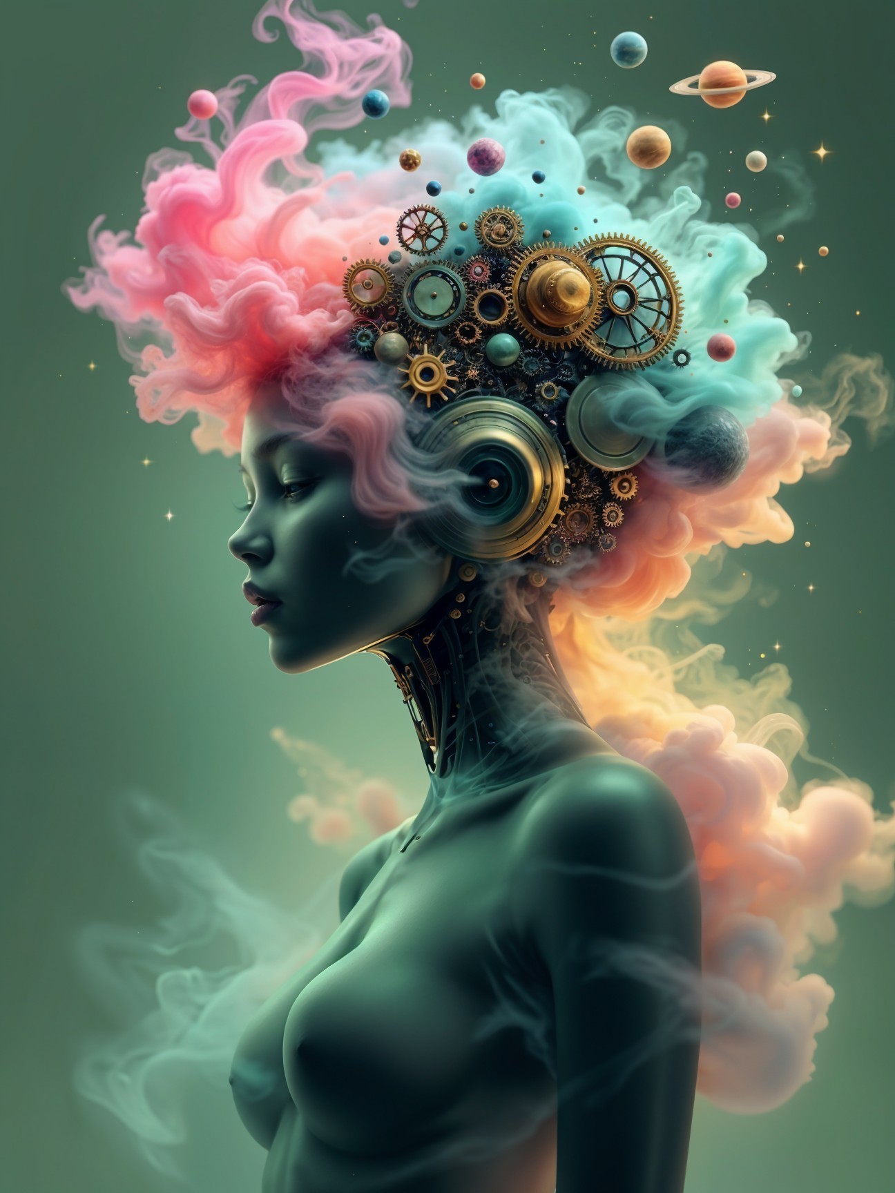 Surreal Portrait of Woman with Cosmic Elements and Gears