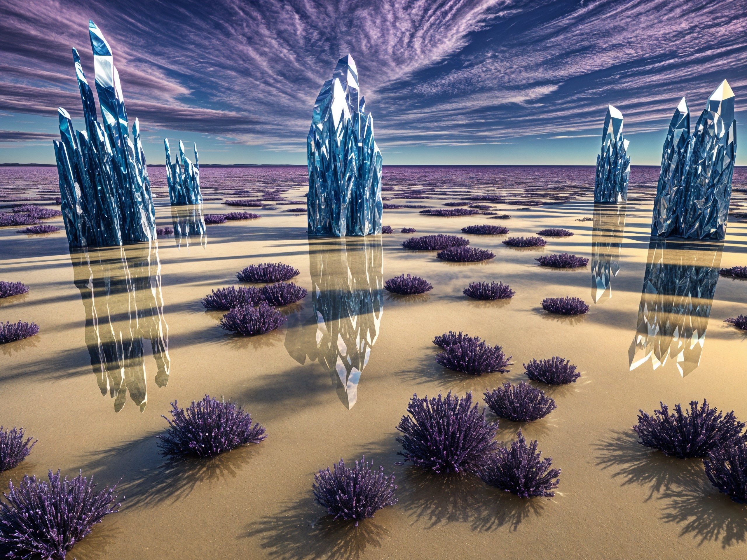 Surreal Landscape with Crystalline Formations and Water