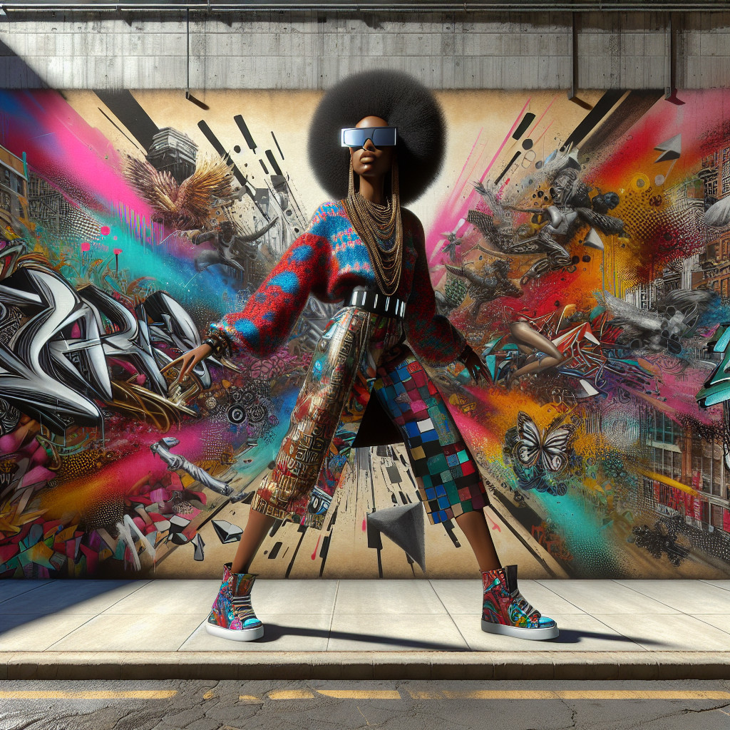 Fashionable figure in front of vibrant urban mural