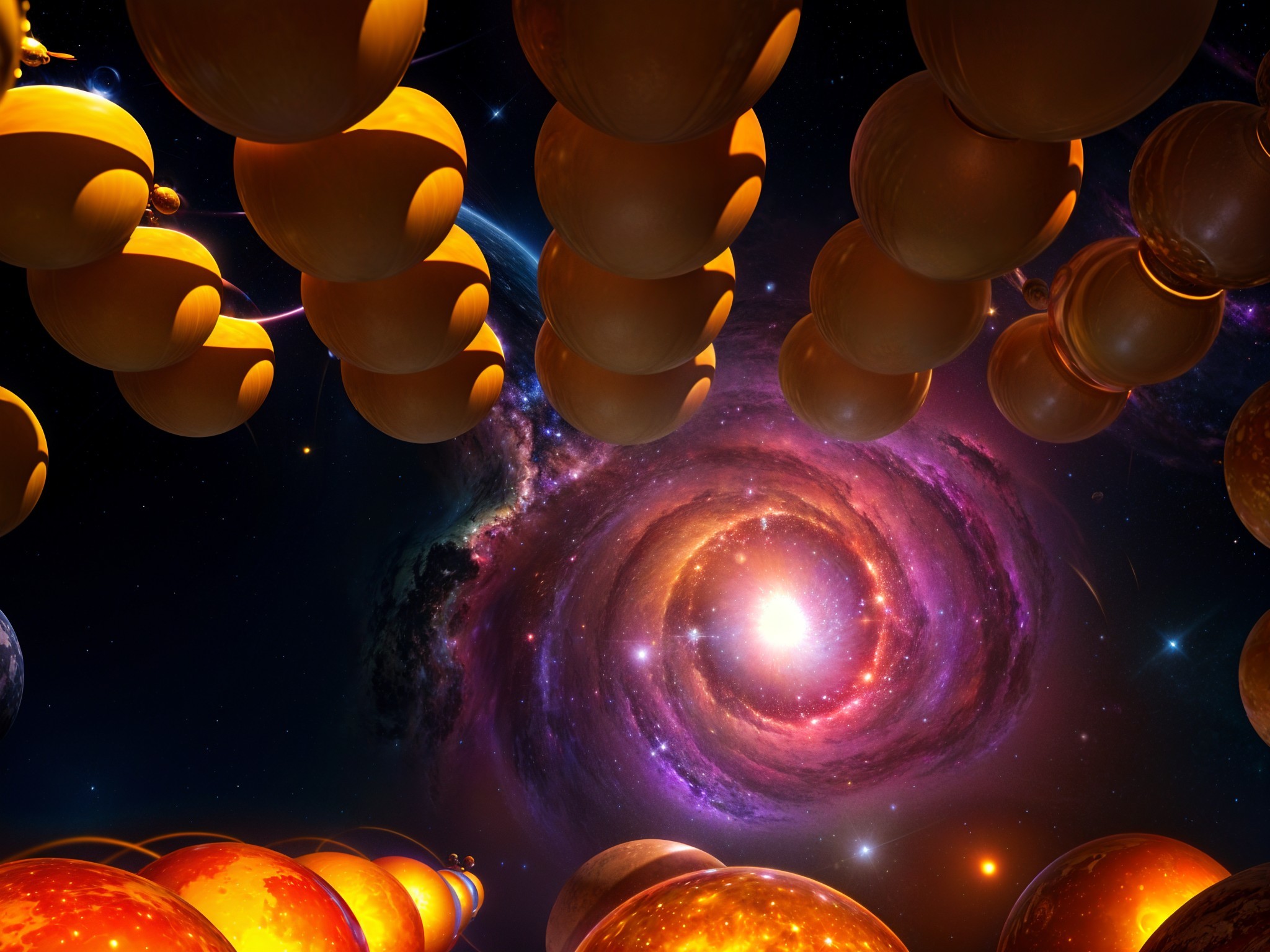 Vibrant Galaxy Spiral Surrounded by Dark Starry Background