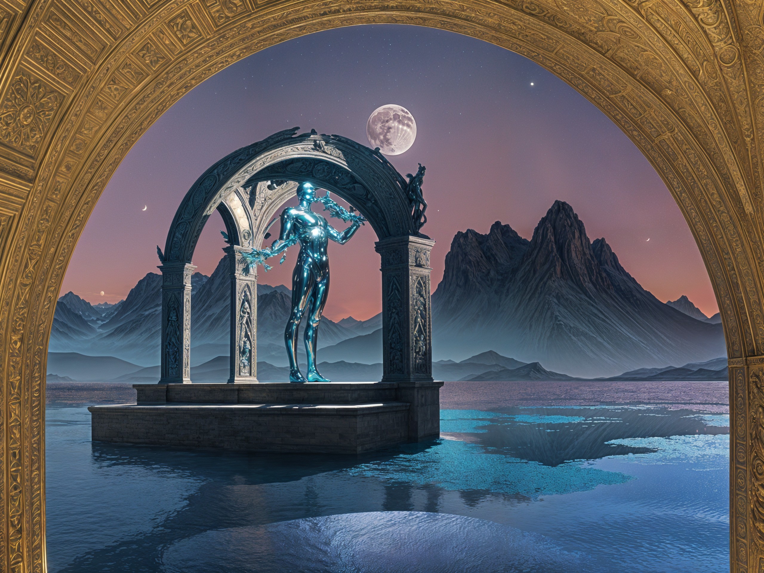 Futuristic Metallic Statue in Tranquil Lake Setting